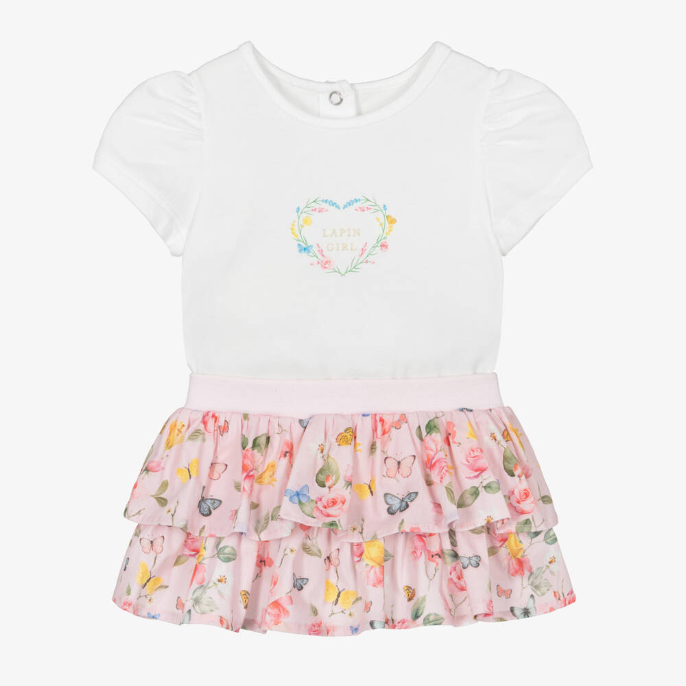Lapin House-Baby Girls Pink Cotton Floral Skirt Set | Childrensalon