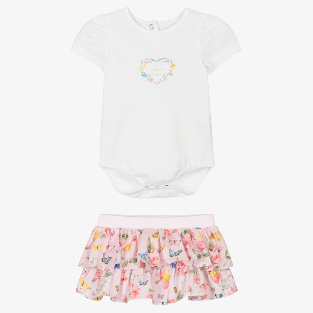 Lapin House-Baby Girls Pink Floral Bodysuit & Skirt Set | Childrensalon