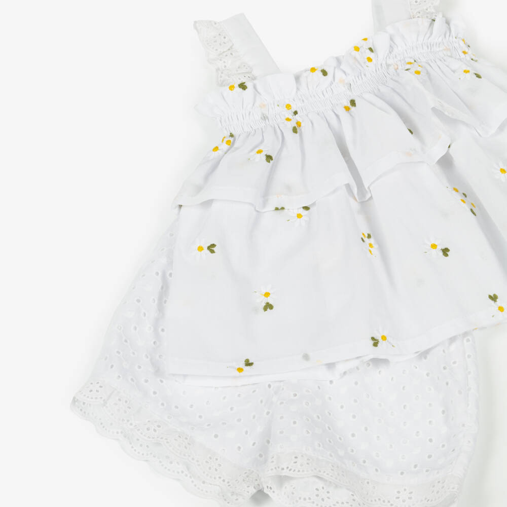 Lapin House-Baby Girls White Cotton Shorts Set with Daisy Embroidery | Childrensalon