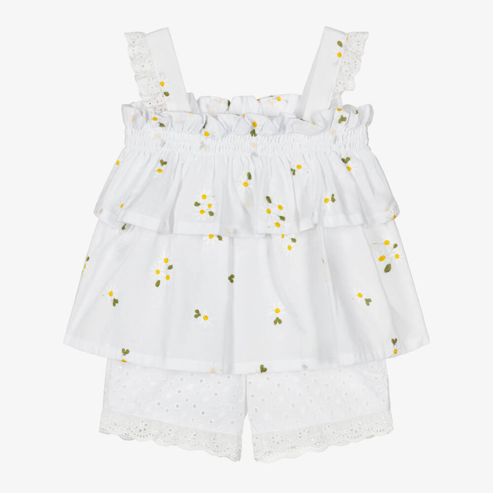 Lapin House-Baby Girls White Cotton Shorts Set with Daisy Embroidery | Childrensalon