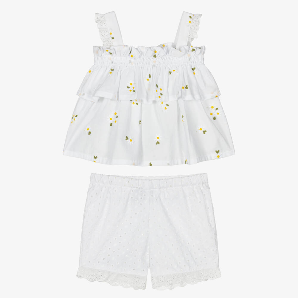 Lapin House-Baby Girls White Cotton Shorts Set with Daisy Embroidery | Childrensalon
