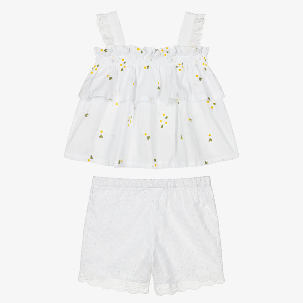 Lapin House-Baby Girls White Cotton Shorts Set with Daisy Embroidery | Childrensalon