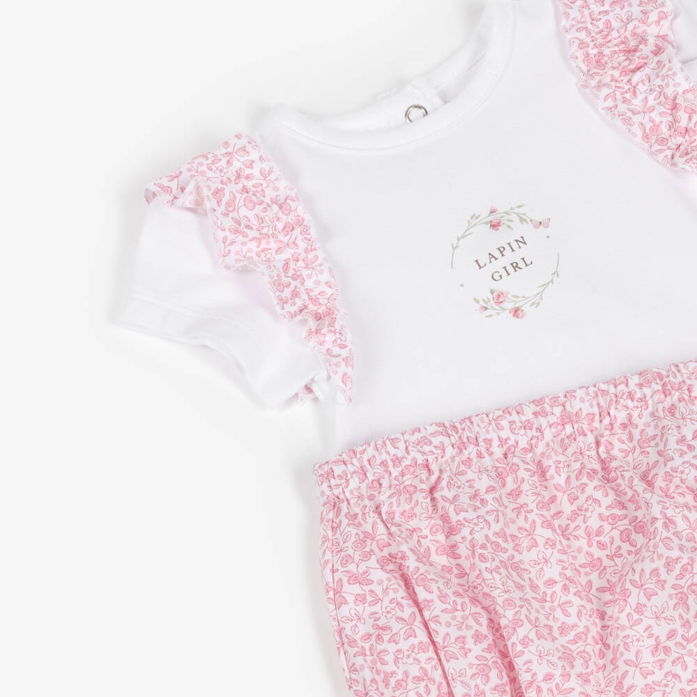 Lapin House-Baby Girls White & Pink Floral Cotton Shorts Set | Childrensalon