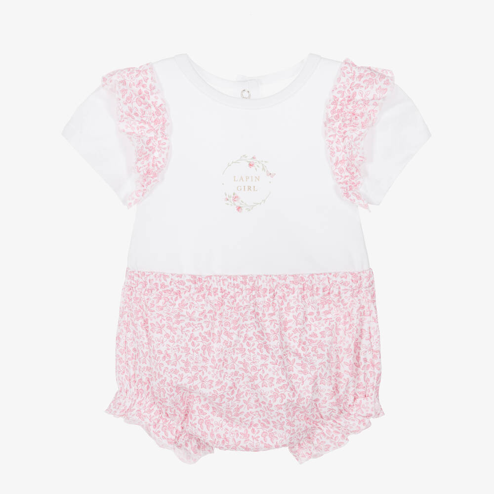 Lapin House-طقم شورت قطن بطبعة ورود لون أبيض وزهري للبنات الرضع | Childrensalon