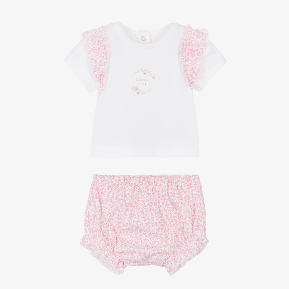 Lapin House-Baby Girls White & Pink Floral Cotton Shorts Set | Childrensalon