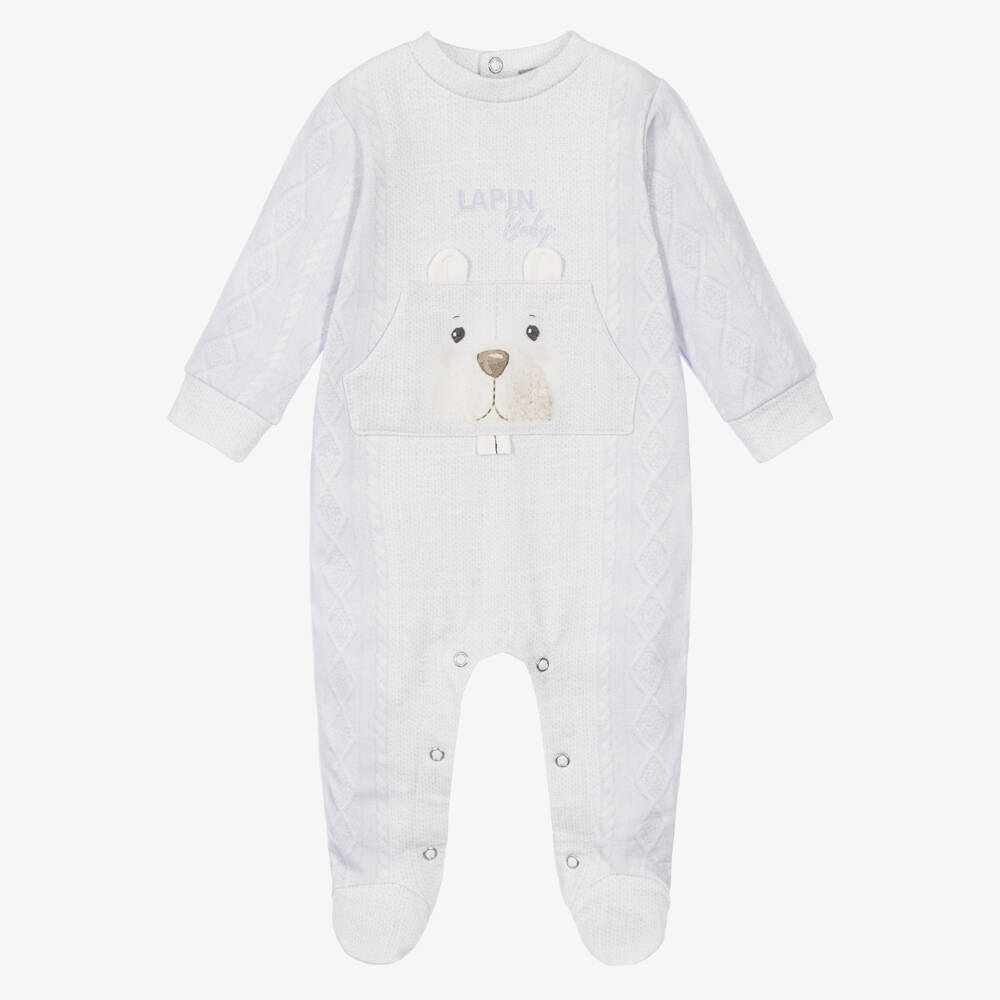 Lapin House-Boys Blue Cotton Printed Babygrow with Bear Pocket | Childrensalon