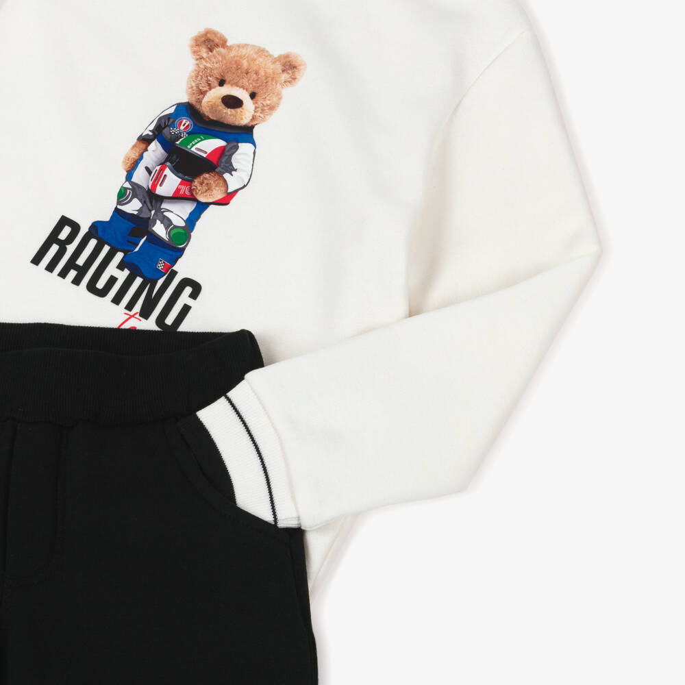 Lapin House-Boys Ivory & Black Tracksuit with Teddy Bear Print | Childrensalon