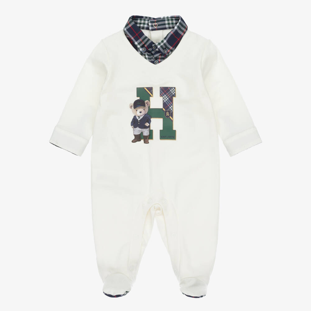 Lapin House-Boys Ivory Cotton Babygrow with Tartan Trims | Childrensalon
