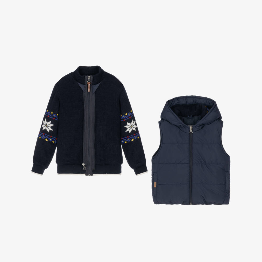 Lapin House-Boys Navy Blue Hooded 2-in1 Gilet & Zip-Up Cardigan | Childrensalon