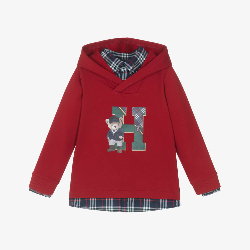 Lapin House-Boys Red Cotton Preppy Hoodie with Layered Look | Childrensalon