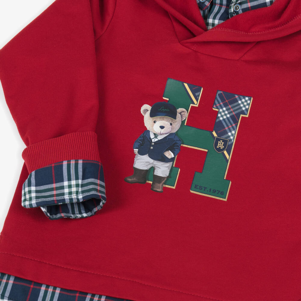 Lapin House-Boys Red Cotton Preppy Hoodie with Layered Look | Childrensalon