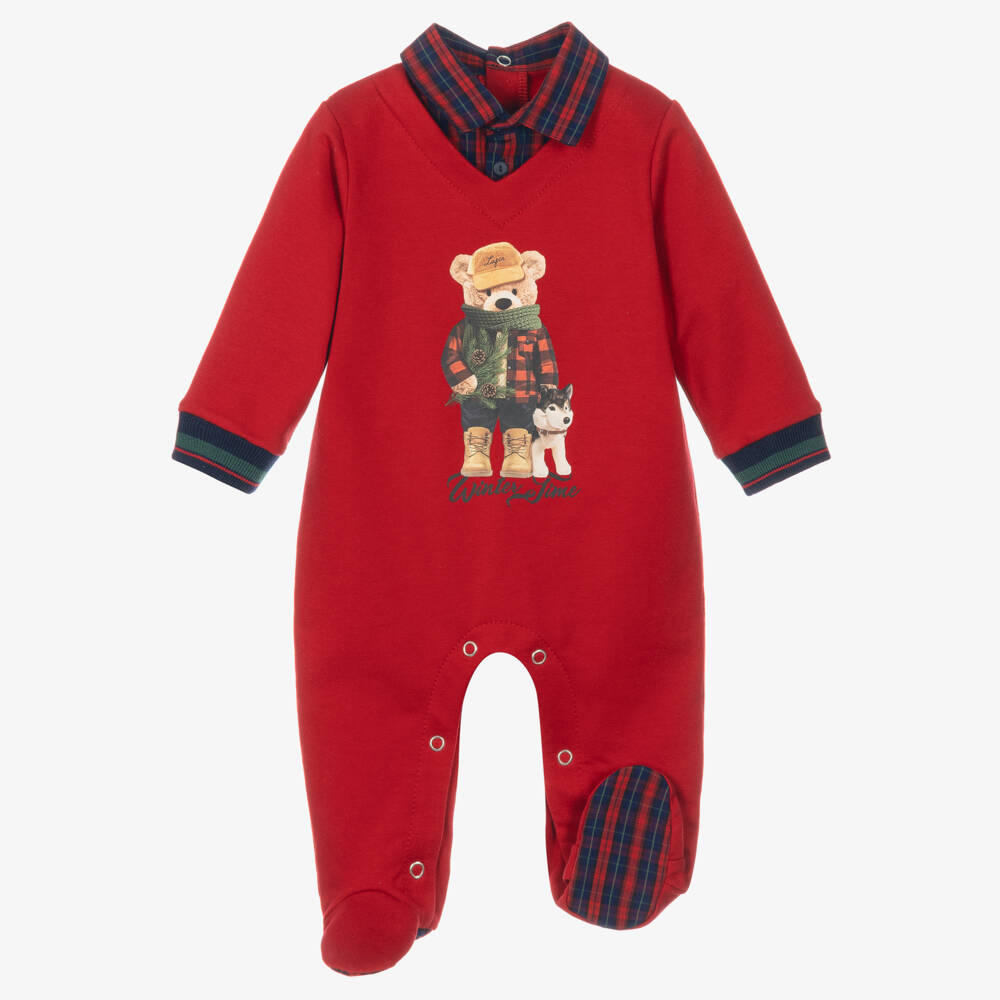 Lapin House-Boys Red Teddy Babygrow with Shirt Neckline | Childrensalon