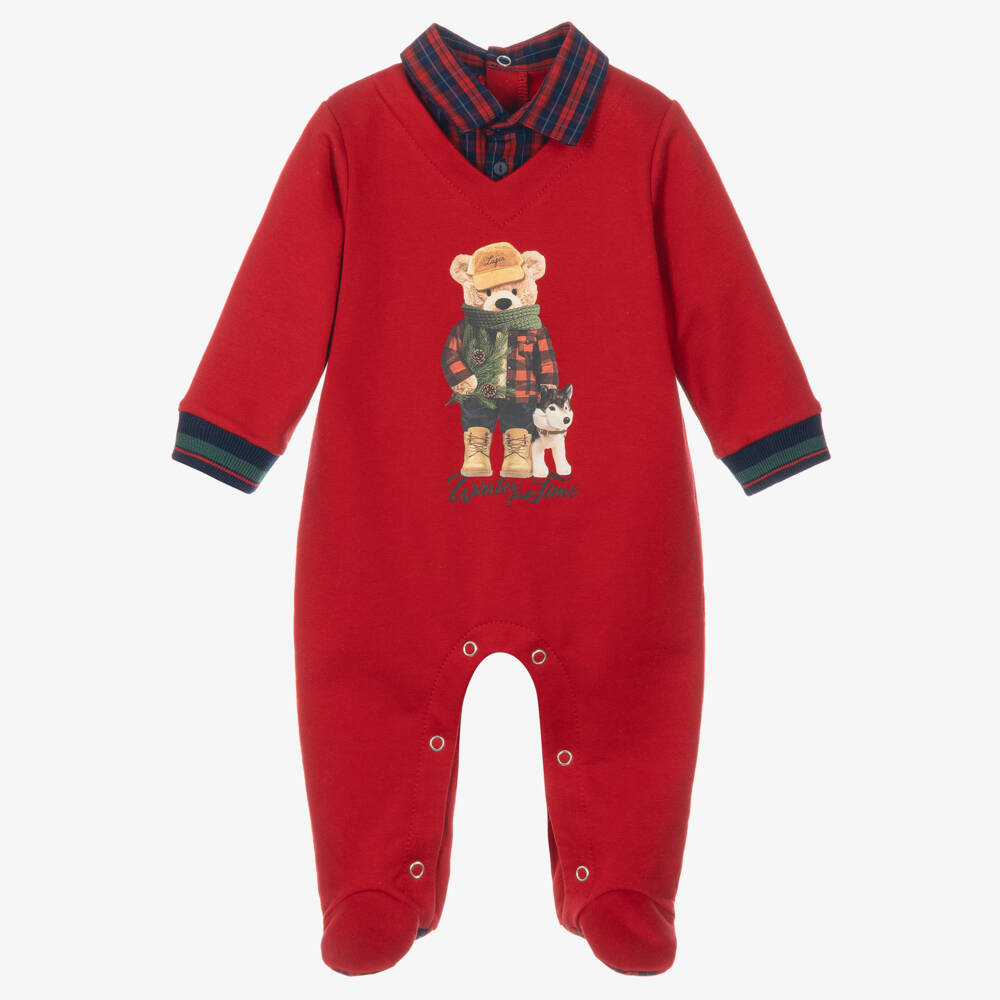 Lapin House-Boys Red Teddy Babygrow with Shirt Neckline | Childrensalon