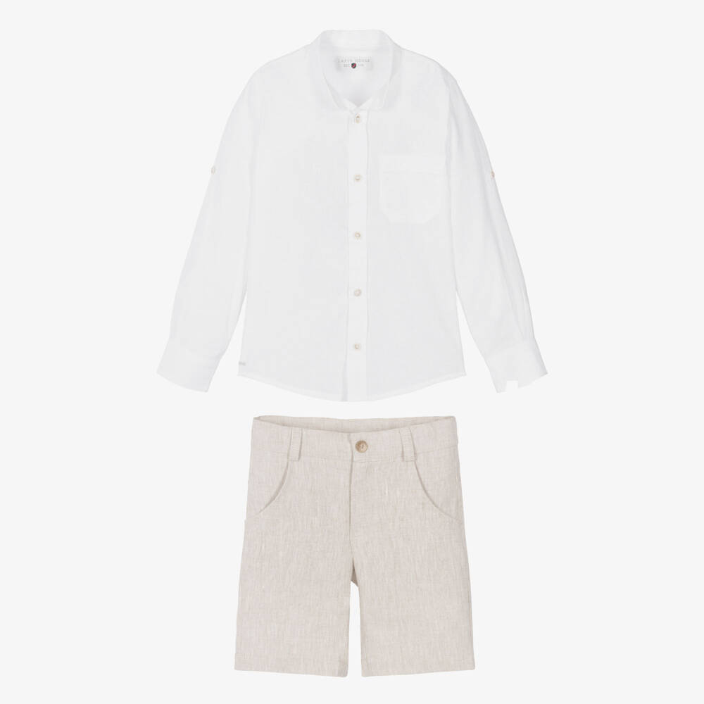 Lapin House-Boys White & Beige Linen Shorts Set | Childrensalon