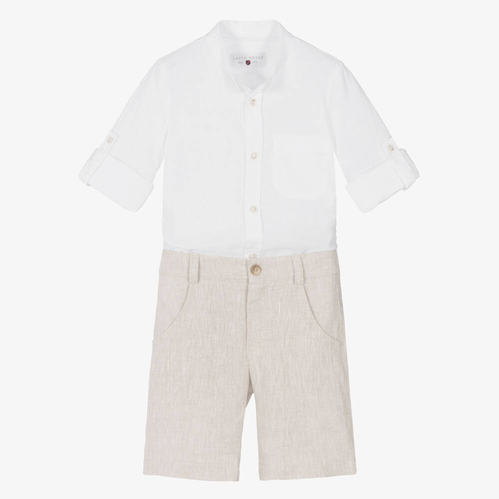 Lapin House-Boys White & Beige Linen Shorts Set | Childrensalon