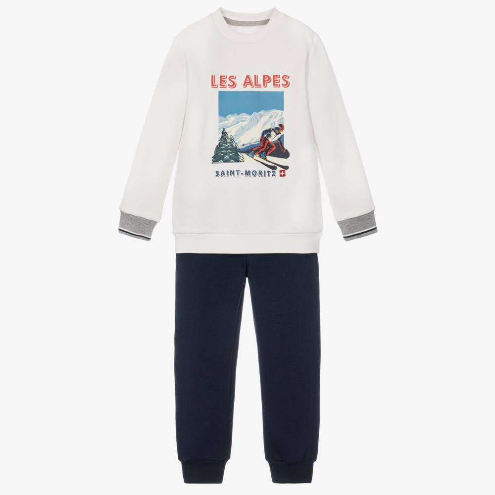 Lapin House-Boys White & Blue Jersey Ski-Themed Tracksuit | Childrensalon