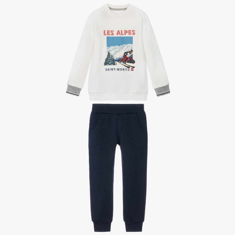 Lapin House-Boys White & Blue Jersey Ski-Themed Tracksuit | Childrensalon