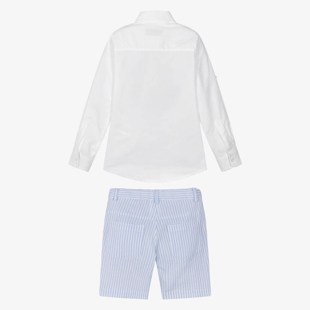 Lapin House-Boys White Shirt & Blue Striped Cotton Shorts Set | Childrensalon