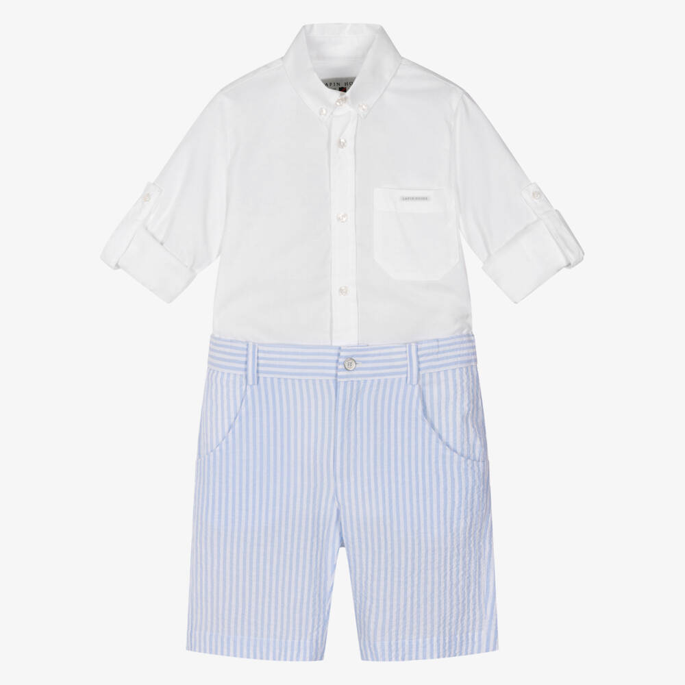 Lapin House-Boys White Shirt & Blue Striped Cotton Shorts Set | Childrensalon