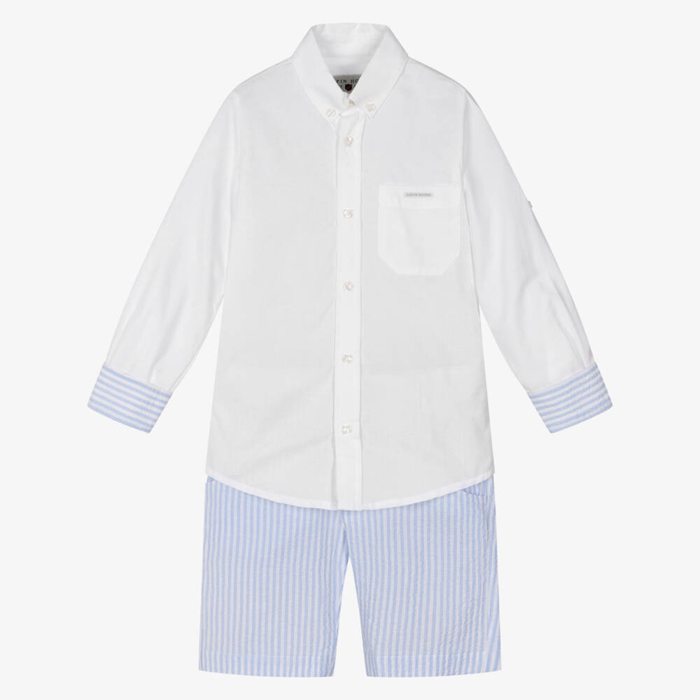 Lapin House-Boys White Shirt & Blue Striped Cotton Shorts Set | Childrensalon