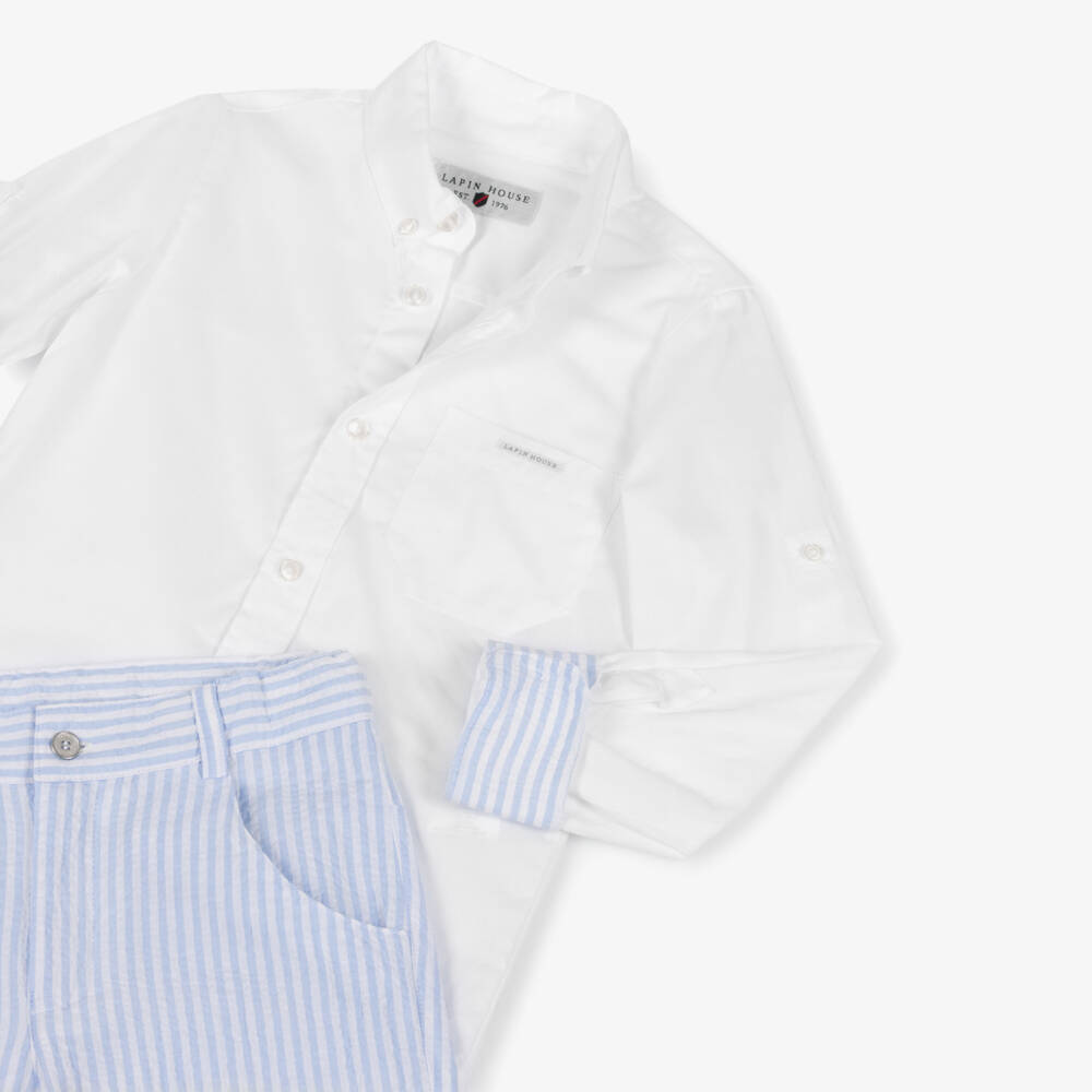Lapin House-Boys White Shirt & Blue Striped Cotton Shorts Set | Childrensalon