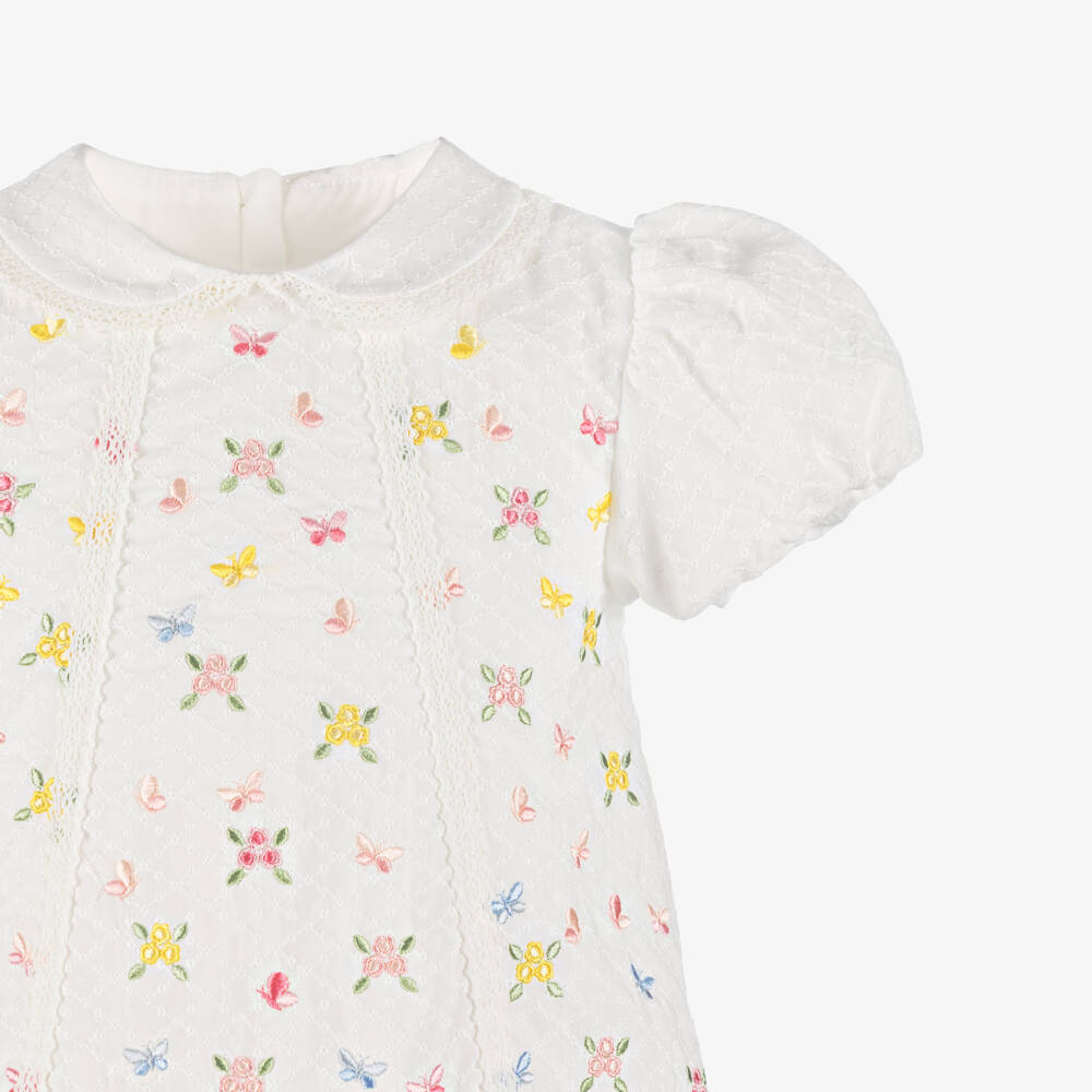 Lapin House-Girl White Dress with Embroidered Flowers & Butterflies | Childrensalon