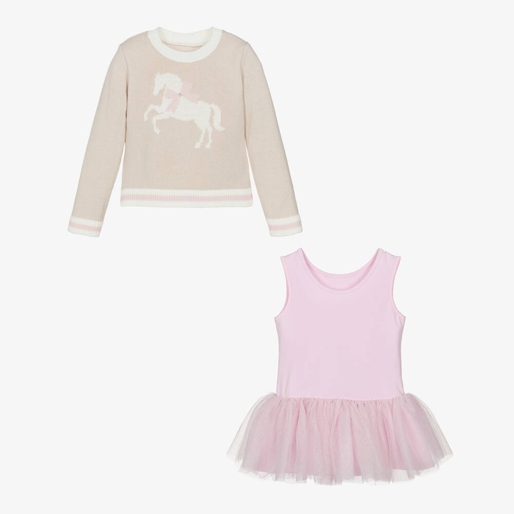 Lapin House-Girls Beige Sweater & Pink Tulle Dress Set | Childrensalon