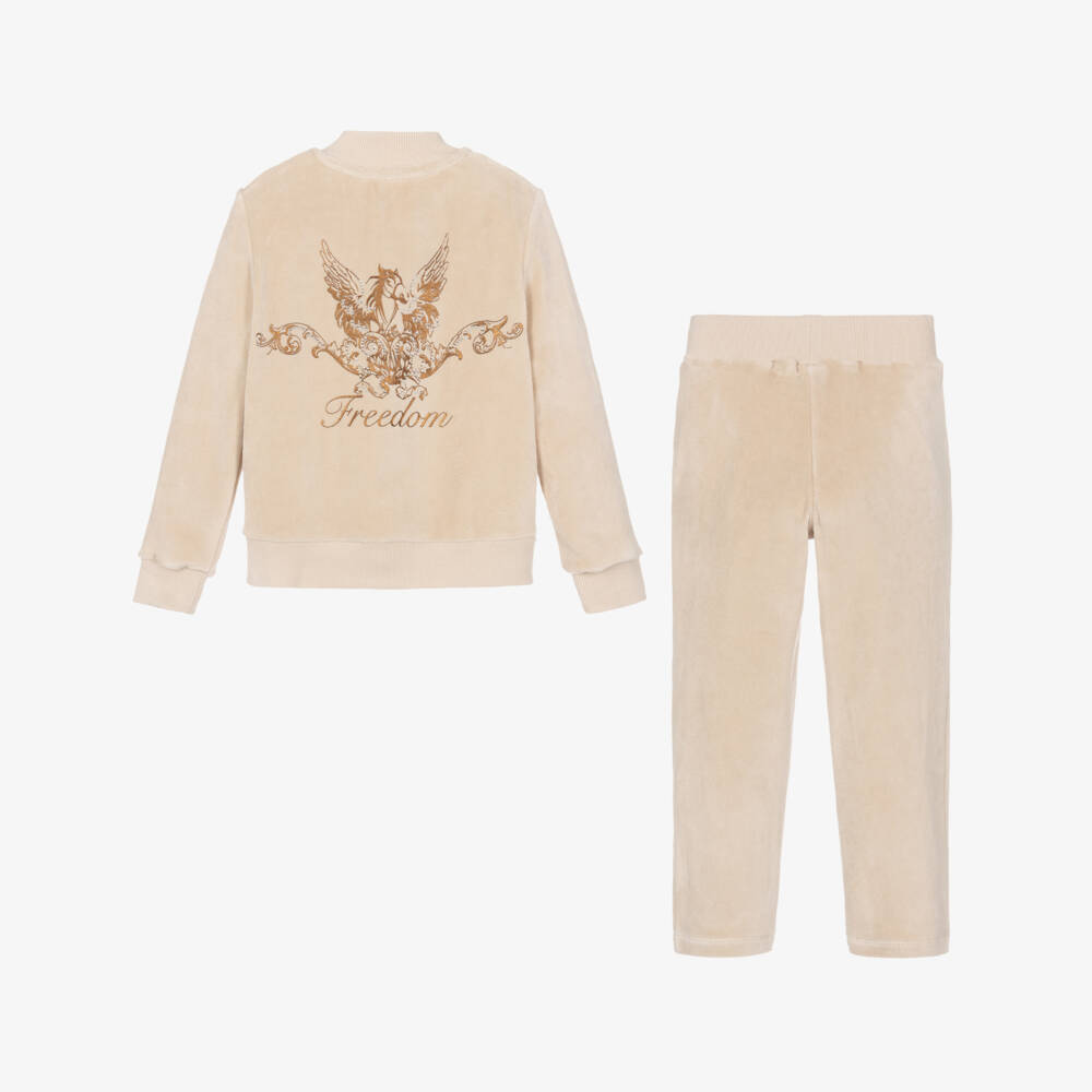 Lapin House-Girls Beige Velour Tracksuit with Horse Motif | Childrensalon