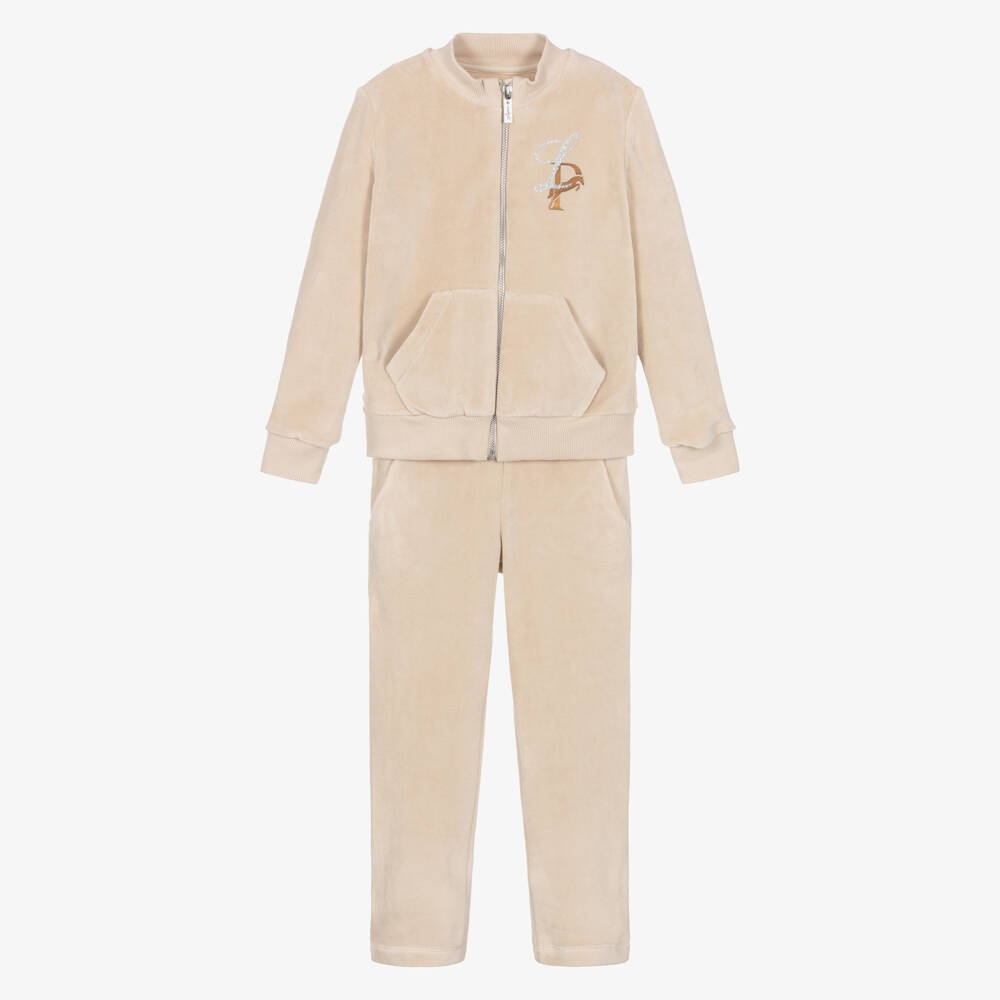 Lapin House-Girls Beige Velour Tracksuit with Horse Motif | Childrensalon