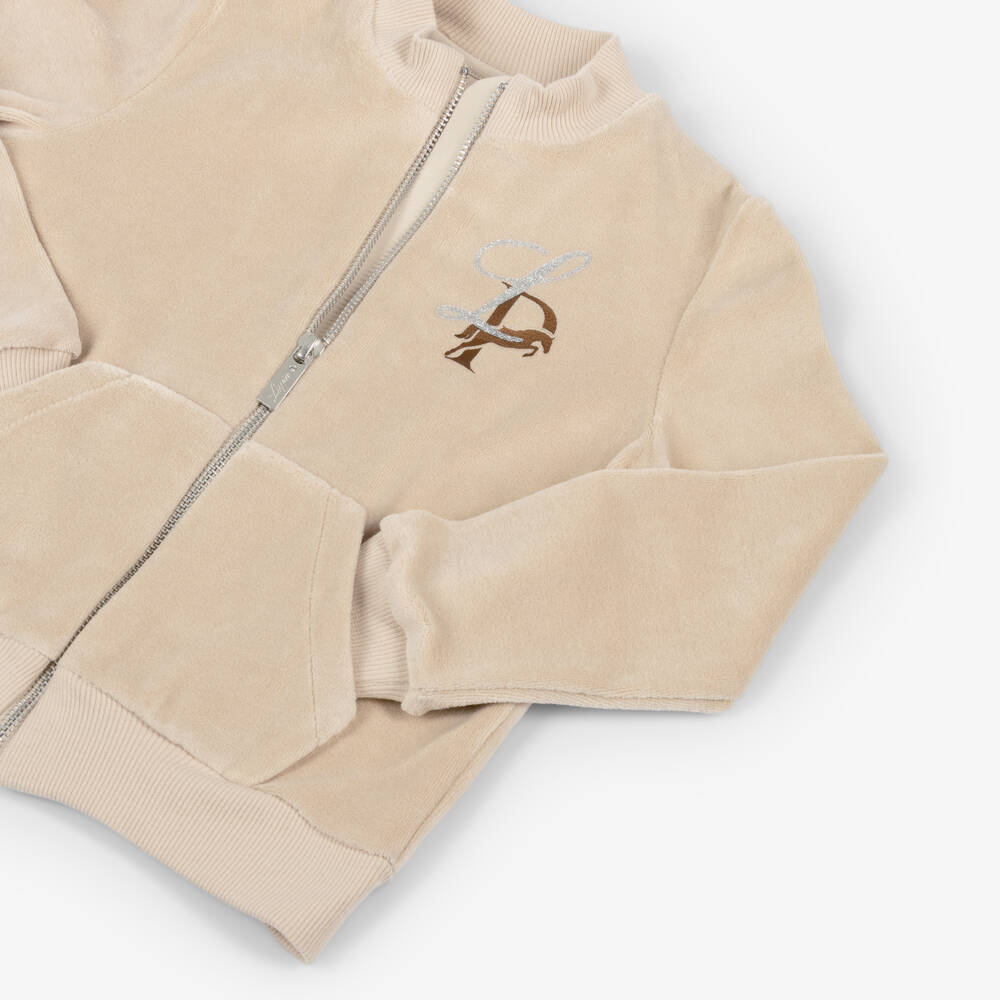 Lapin House-Girls Beige Velour Tracksuit with Horse Motif | Childrensalon