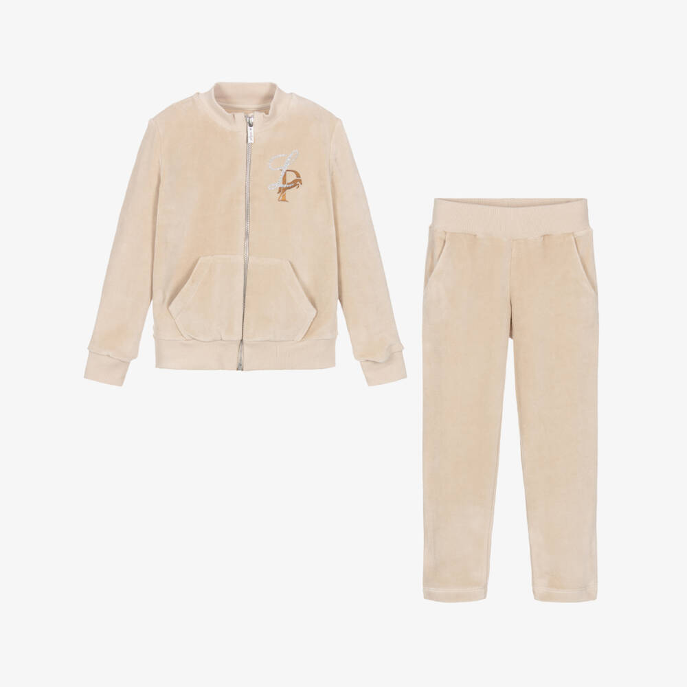 Lapin House-Girls Beige Velour Tracksuit with Horse Motif | Childrensalon
