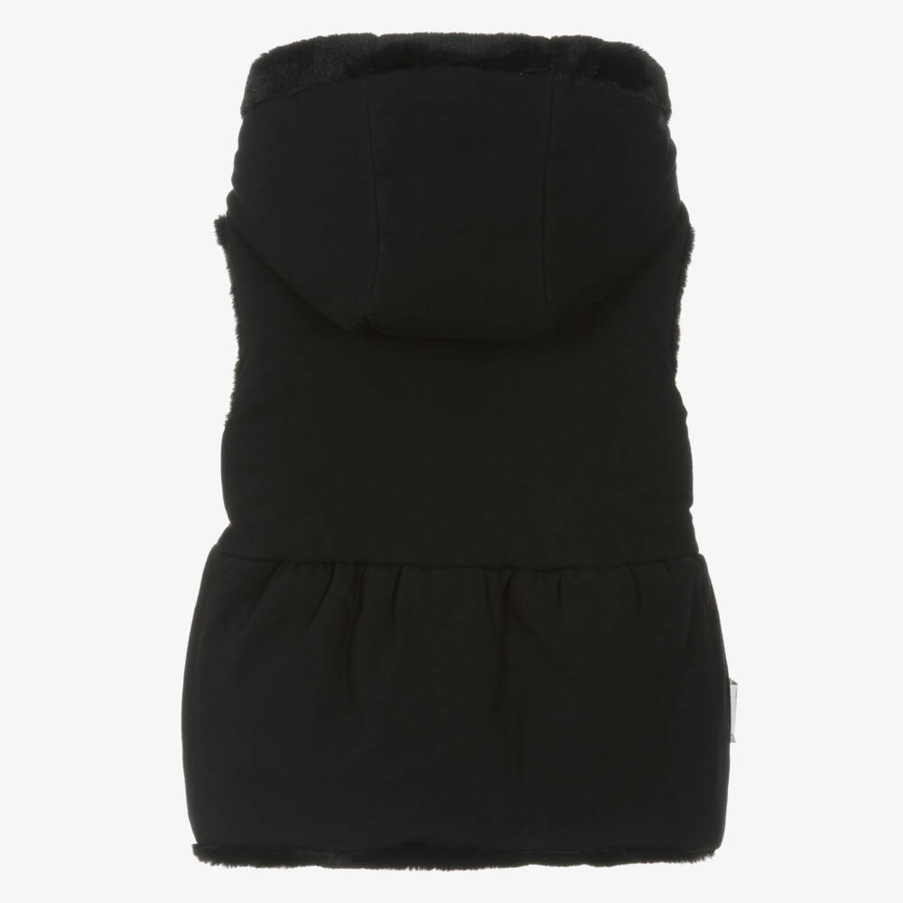 Lapin House-Girls Black Faux Fur Gilet with Hood & Logo Belt | Childrensalon