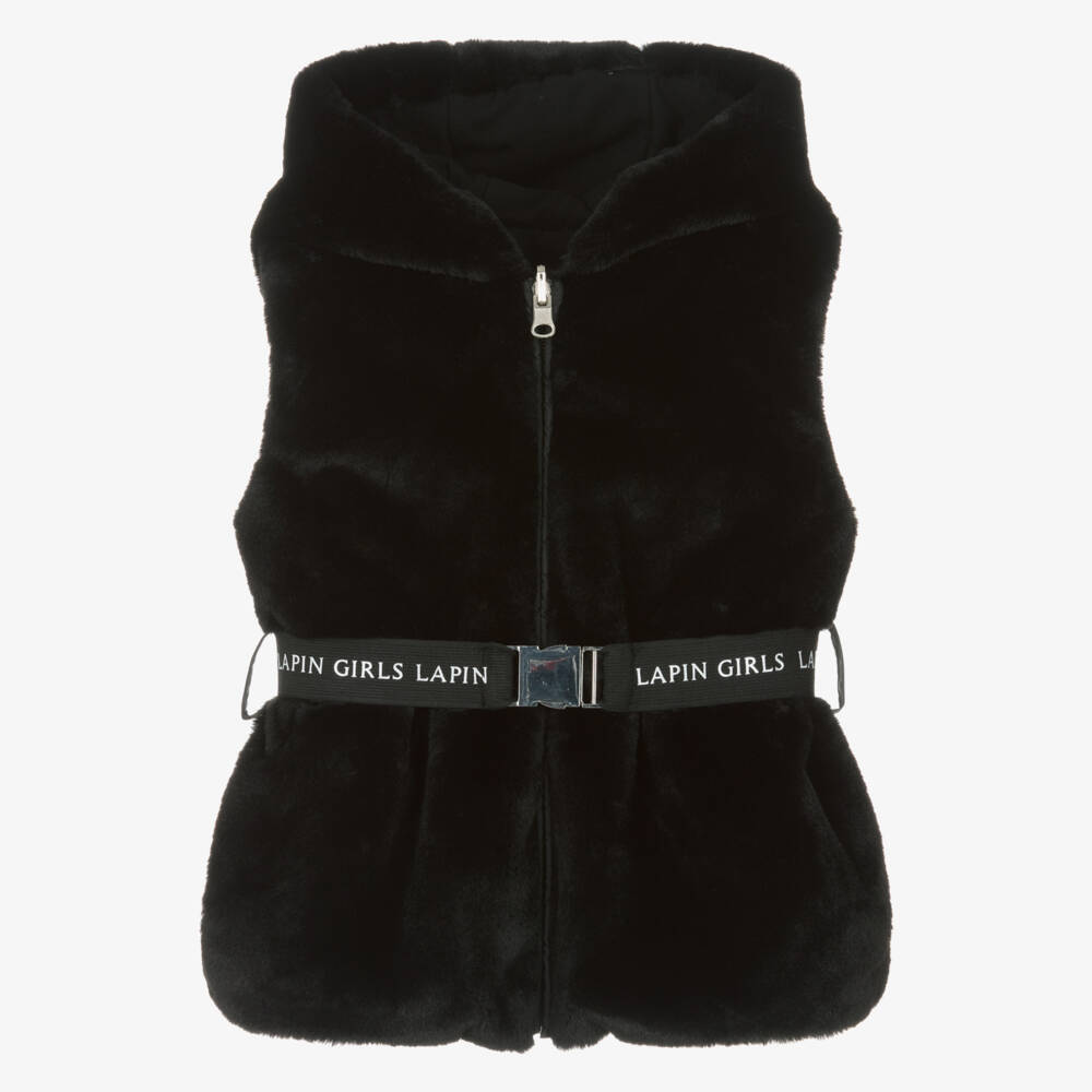 Lapin House-Girls Black Faux Fur Gilet with Hood & Logo Belt | Childrensalon