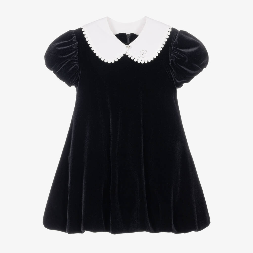 Lapin House-Girls Black Velvet Dress with White Collar | Childrensalon