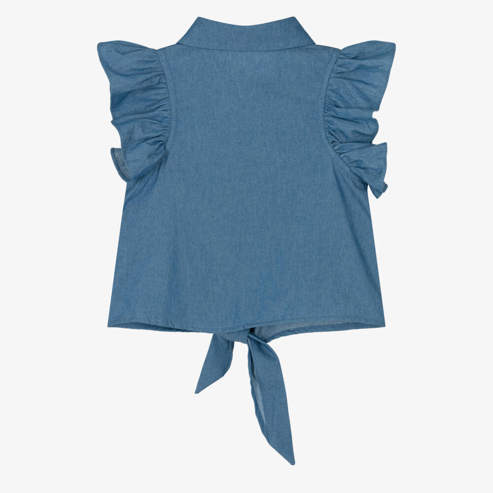 Lapin House-Girls Blue Chambray Tie Front Blouse | Childrensalon