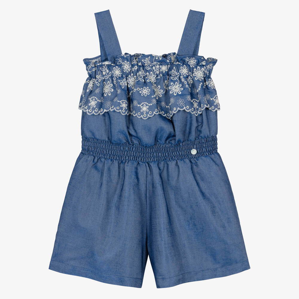 Lapin House-Girls Blue Cotton Chambray Playsuit | Childrensalon