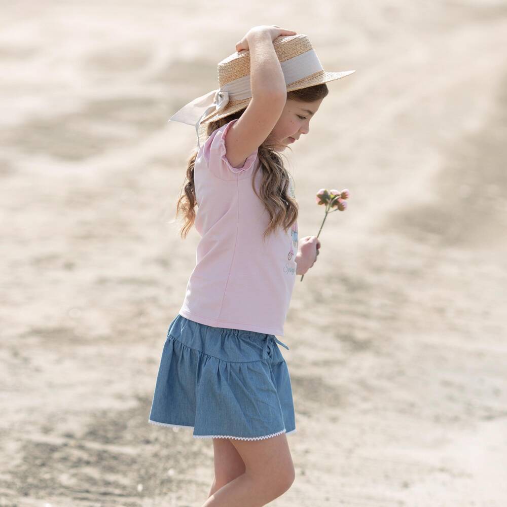 Lapin House-Girls Blue Cotton Chambray Shorts with Lace Trim | Childrensalon