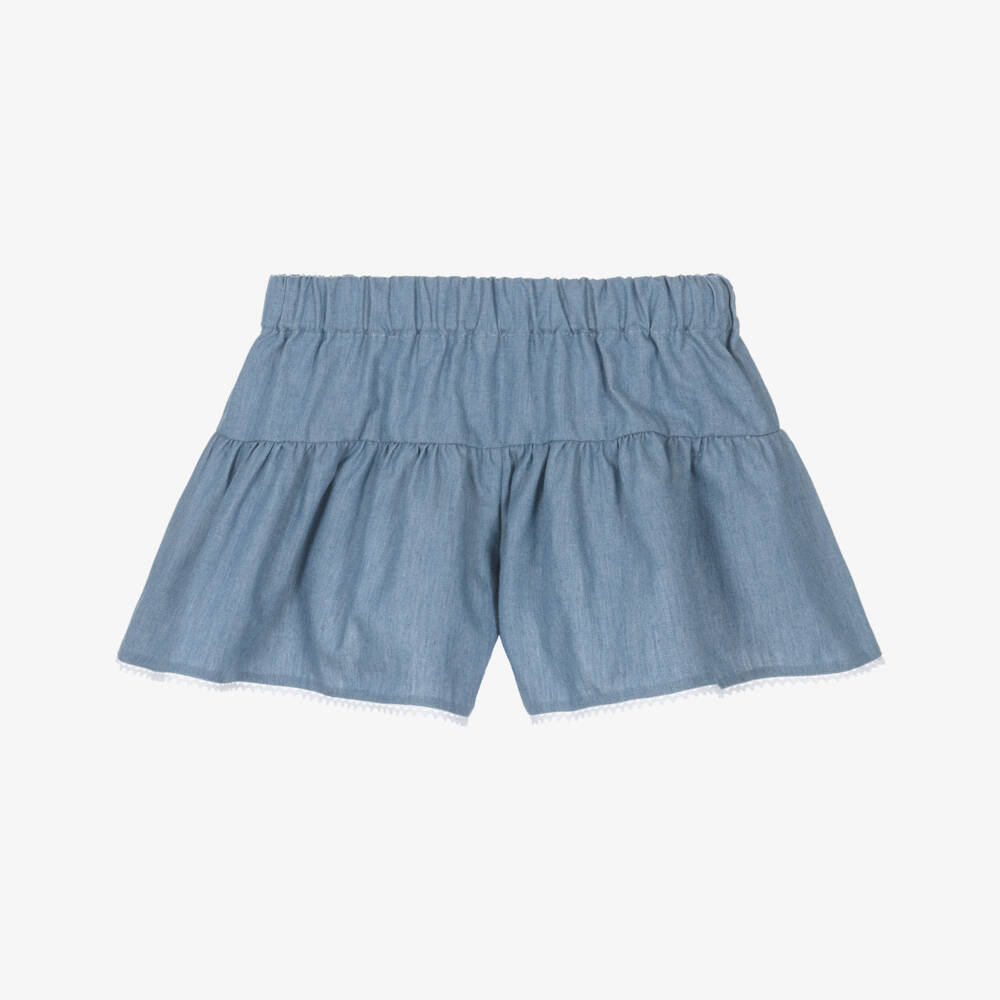Lapin House-Girls Blue Cotton Chambray Shorts with Lace Trim | Childrensalon