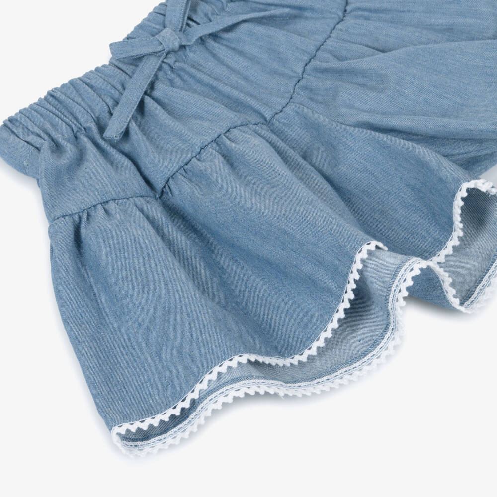 Lapin House-Girls Blue Cotton Chambray Shorts with Lace Trim | Childrensalon