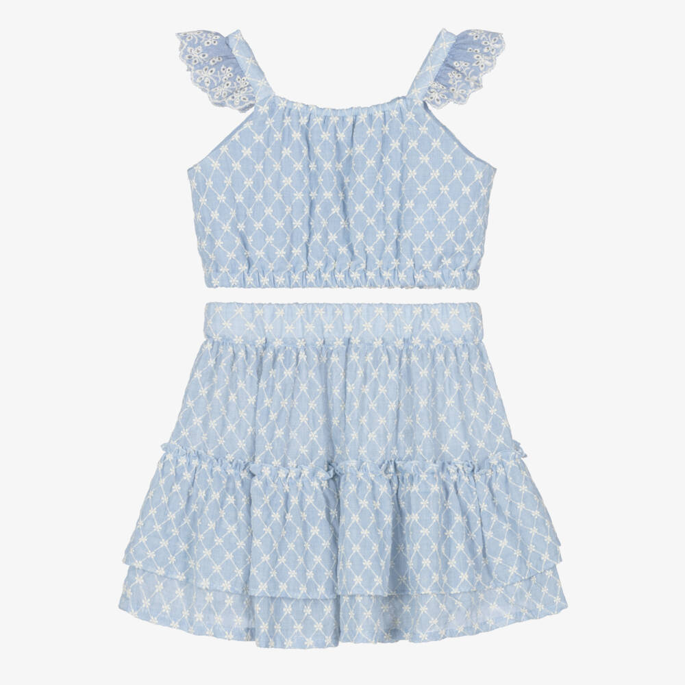 Lapin House-Girls Blue Embroidered Cotton Skirt Set | Childrensalon
