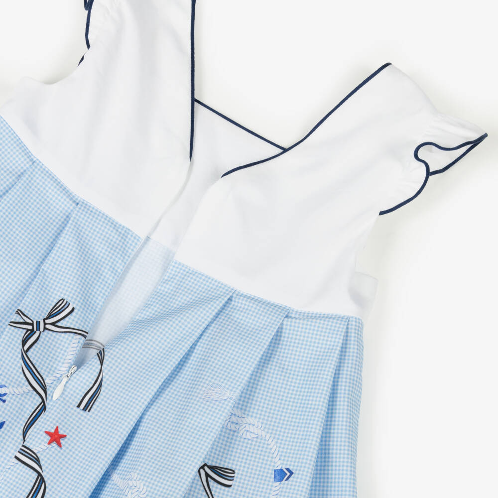 Lapin House-Girls Blue Gingham Nautical Print Dress | Childrensalon