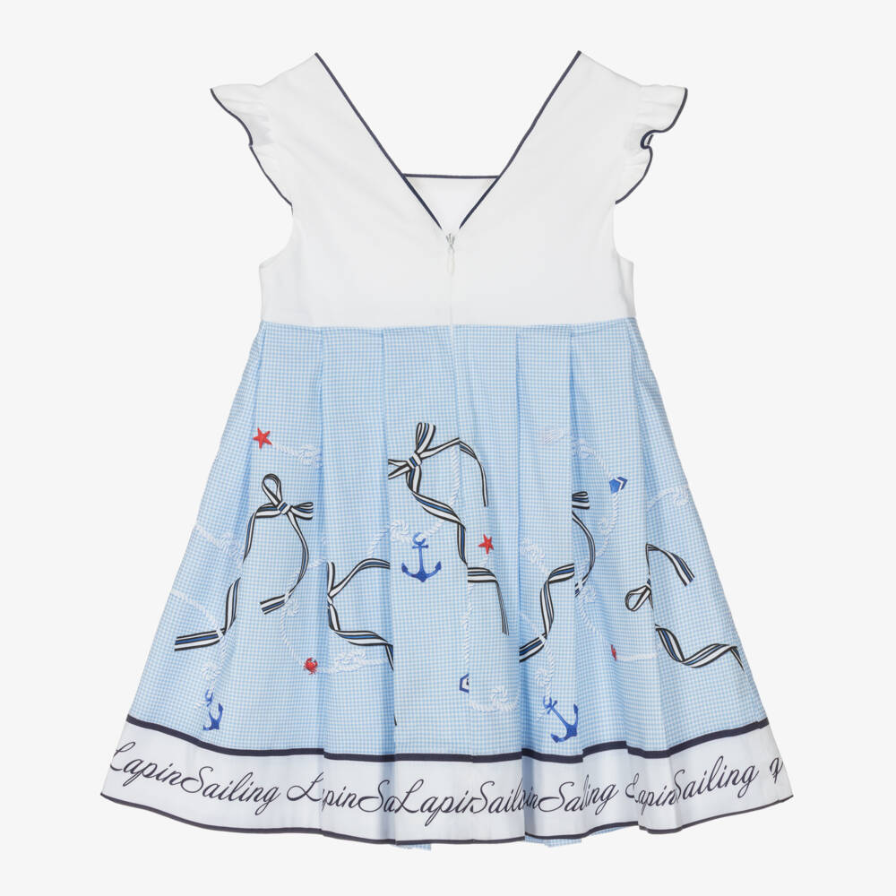 Lapin House-Girls Blue Gingham Nautical Print Dress | Childrensalon