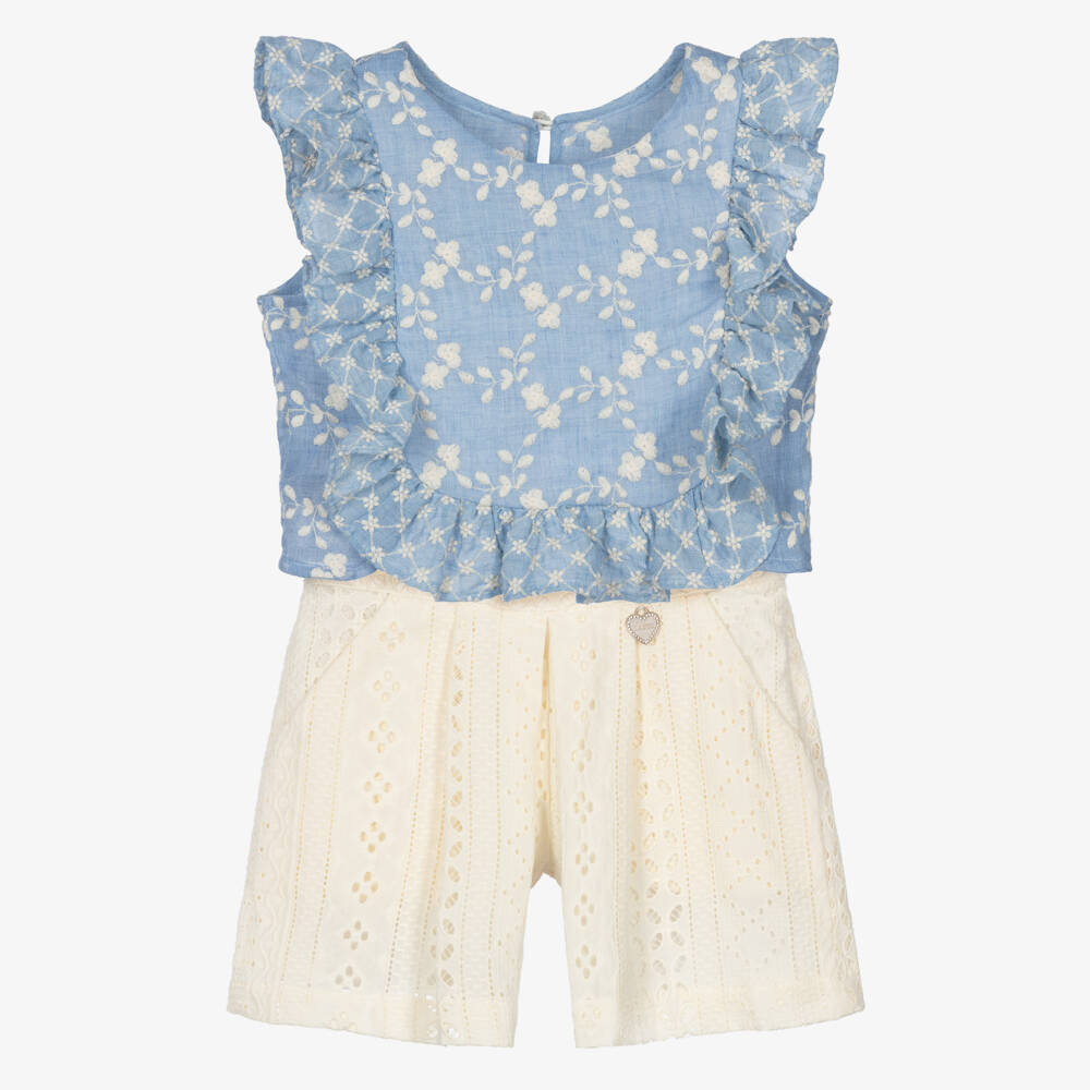 Lapin House-Girls Blue & Ivory Cotton Broderie Anglaise Shorts Set | Childrensalon