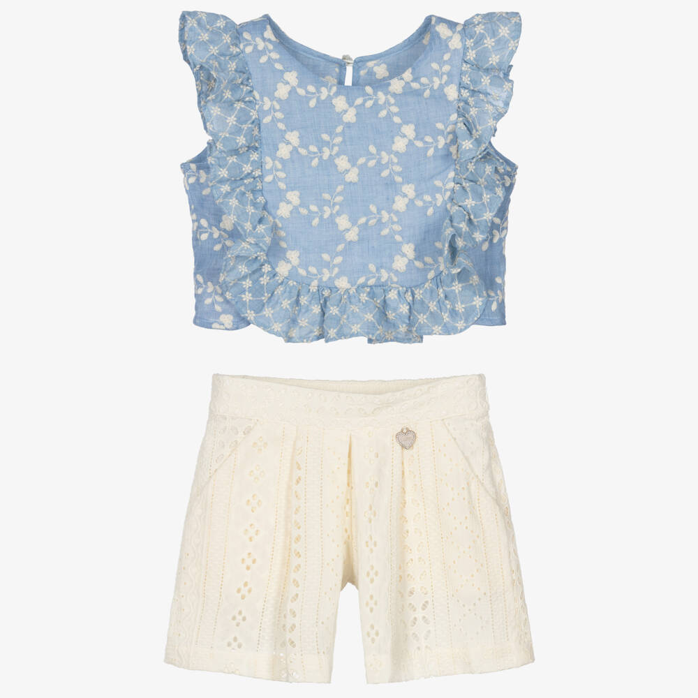 Lapin House-Girls Blue & Ivory Cotton Broderie Anglaise Shorts Set | Childrensalon