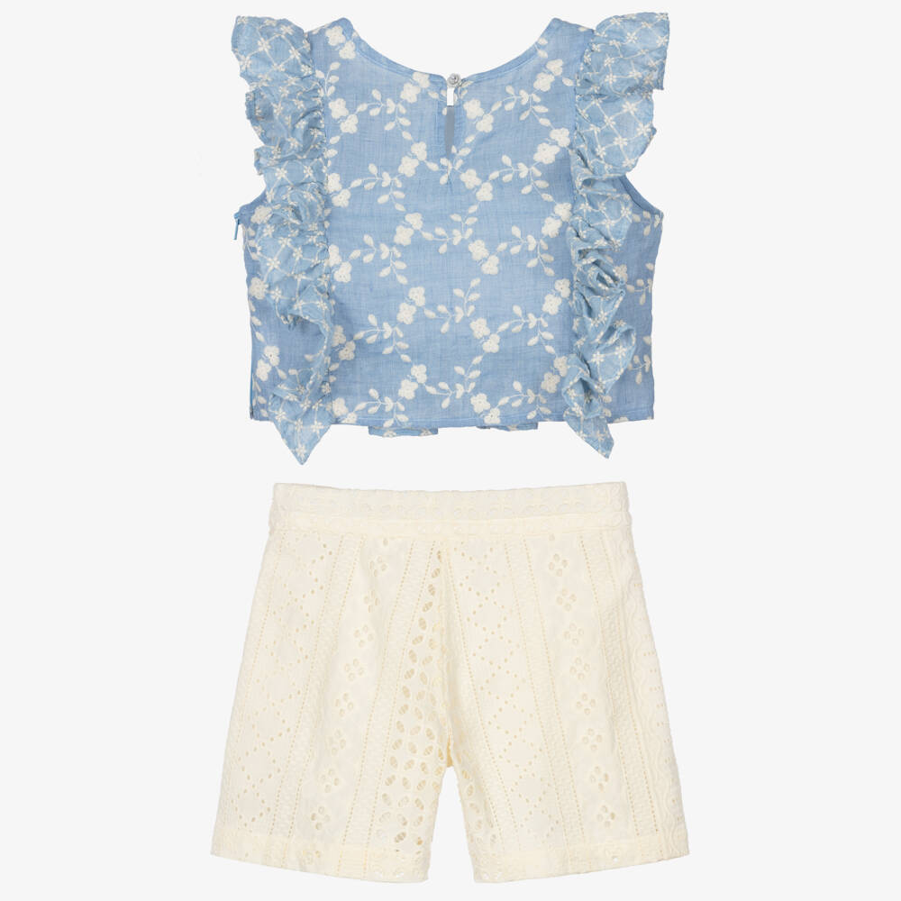 Lapin House-Girls Blue & Ivory Cotton Broderie Anglaise Shorts Set | Childrensalon