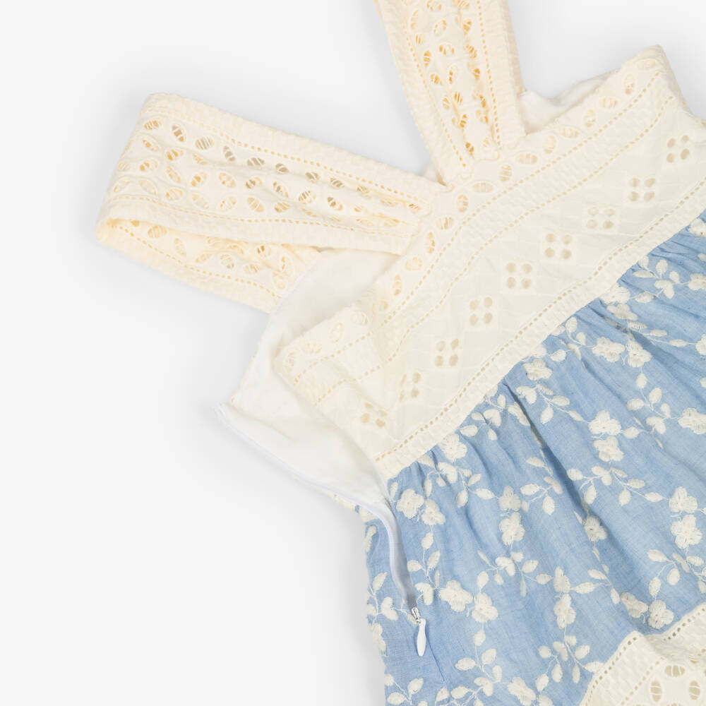 Lapin House-Girls Blue & Ivory Embroidered Dress with Broderie Anglaise | Childrensalon