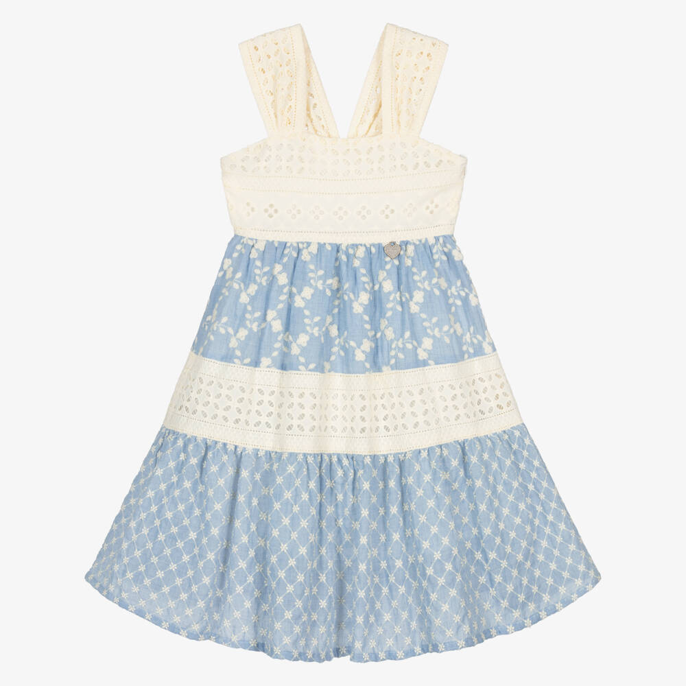 Lapin House-Girls Blue & Ivory Embroidered Dress with Broderie Anglaise | Childrensalon