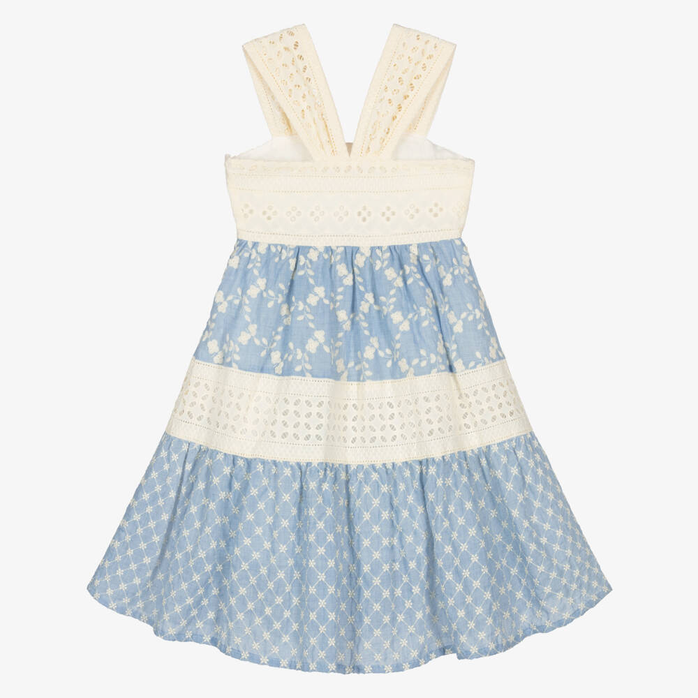 Lapin House-Girls Blue & Ivory Embroidered Dress with Broderie Anglaise | Childrensalon