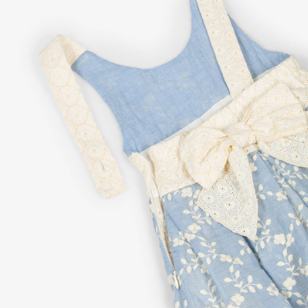 Lapin House-Girls Blue & Ivory Embroidered Playsuit with Broderie Anglaise | Childrensalon