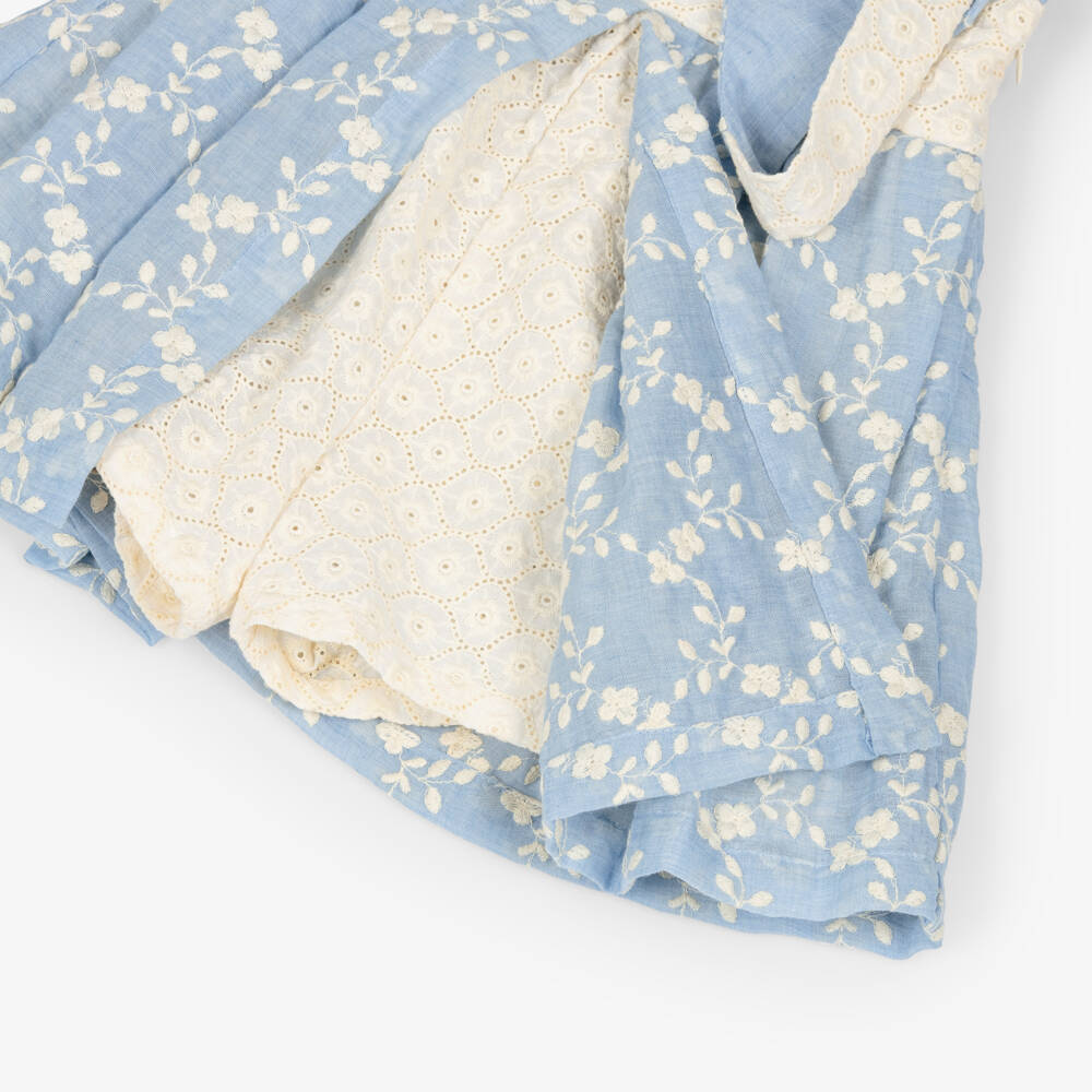 Lapin House-Girls Blue & Ivory Embroidered Playsuit with Broderie Anglaise | Childrensalon